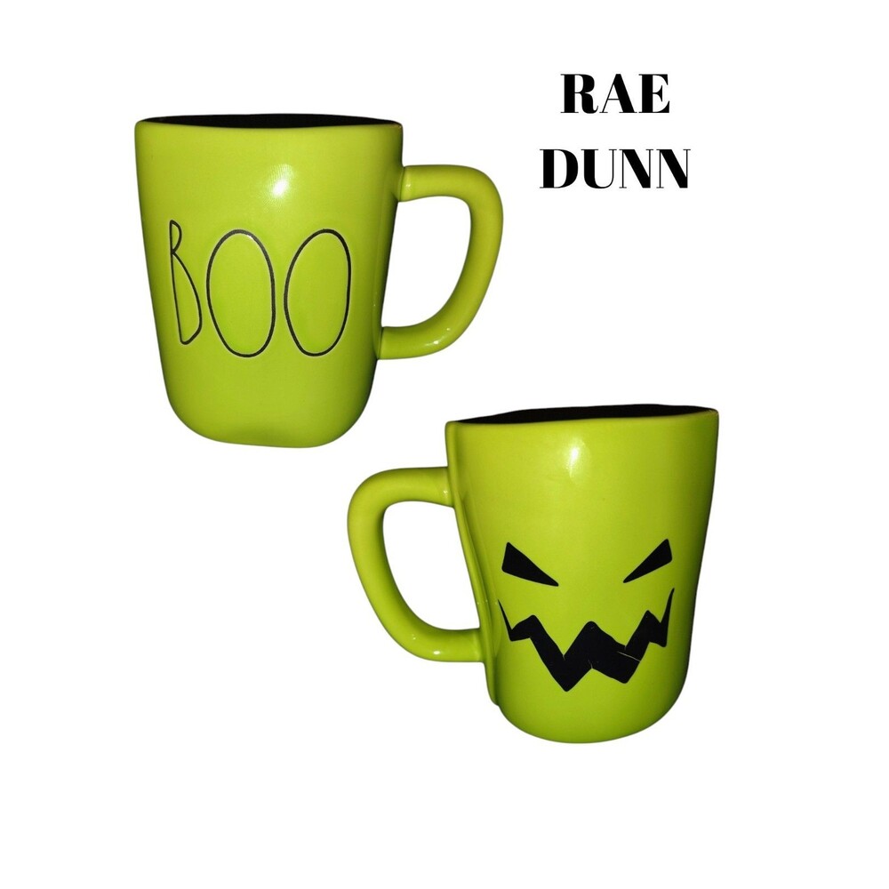 RAE Dunn Artisan Collection Green Pumpkin Face Boo Spooky Halloween Mug     57